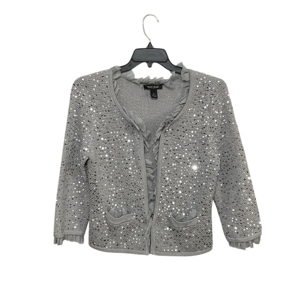 WHMB Sequins Ruffle Gray Cardigan Sweater Women's Size Large 3/4 Sleeves